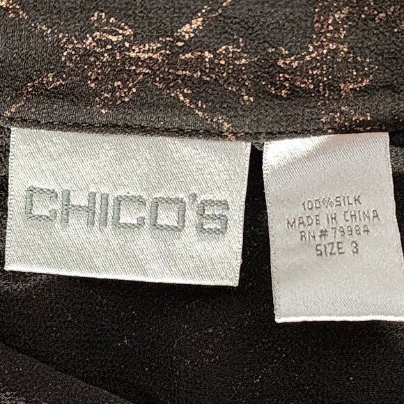 Chico's Dark Brown Gold Silk Foil Sheer Floral Print LS Blouse Chico Sz 3 US XL - Picture 15 of 16